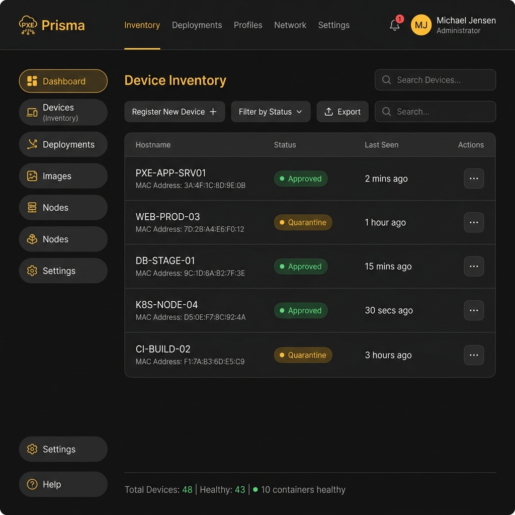 Panel de Inventario con dispositivos en estado Cuarentena y Aprobado