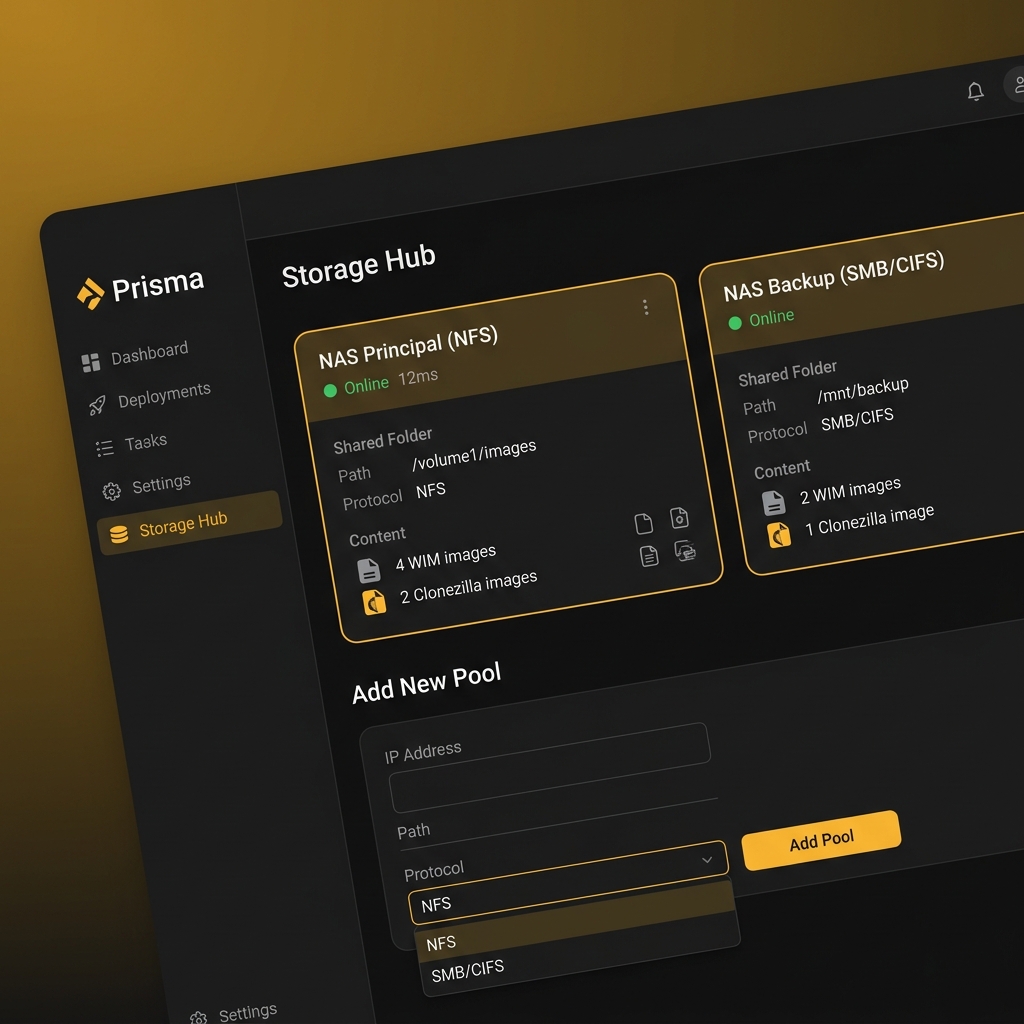Panel de Storage Hub — NAS conectado y verificado